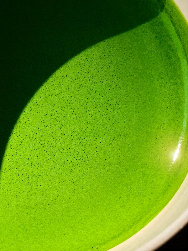 Close-up of a whisked matcha in a bowl